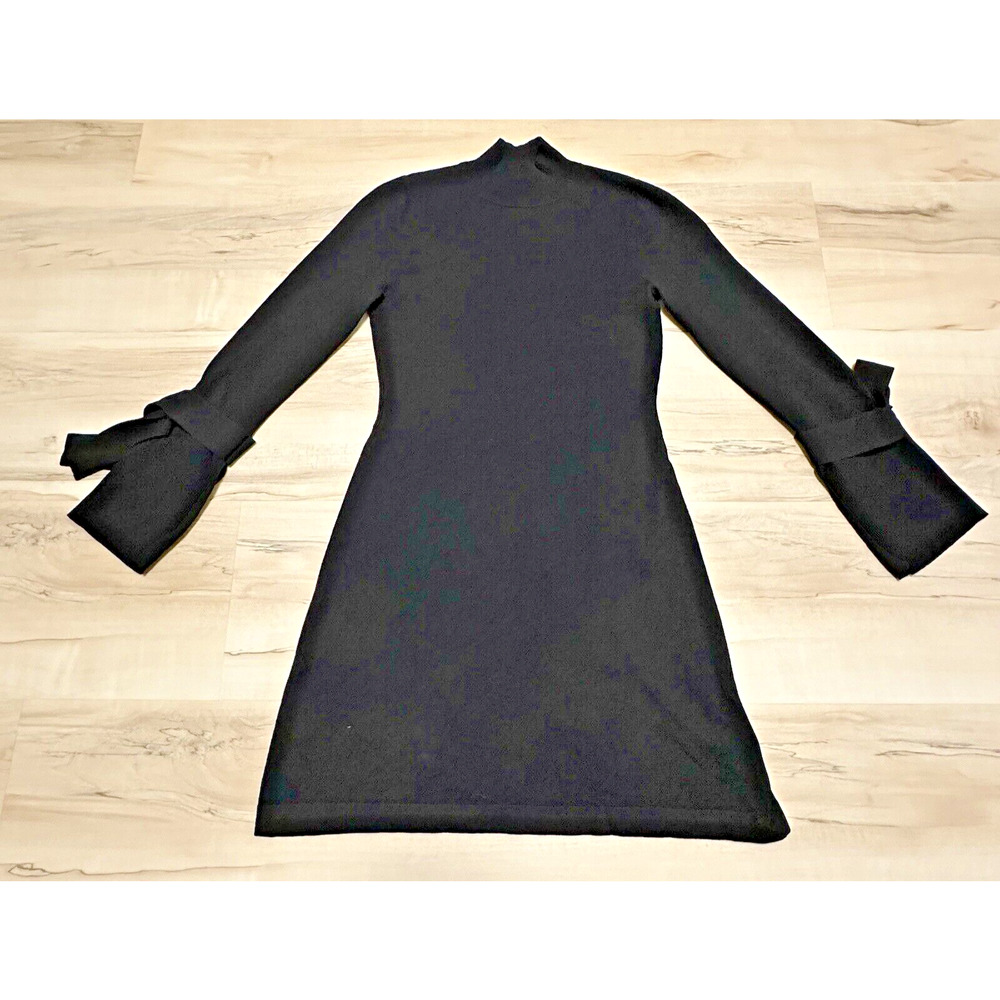 Karen Mullen Women Small Dress Wrist Tie Sleeve Mock Neck Knit Fit Flare‎